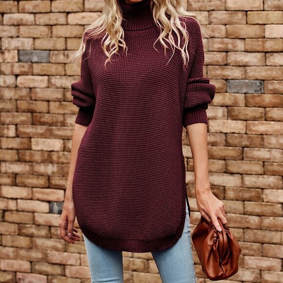Maroon Preppy womens Turtleneck Raglan Sleeve Split Hem Sweater - Picture 4 of 5